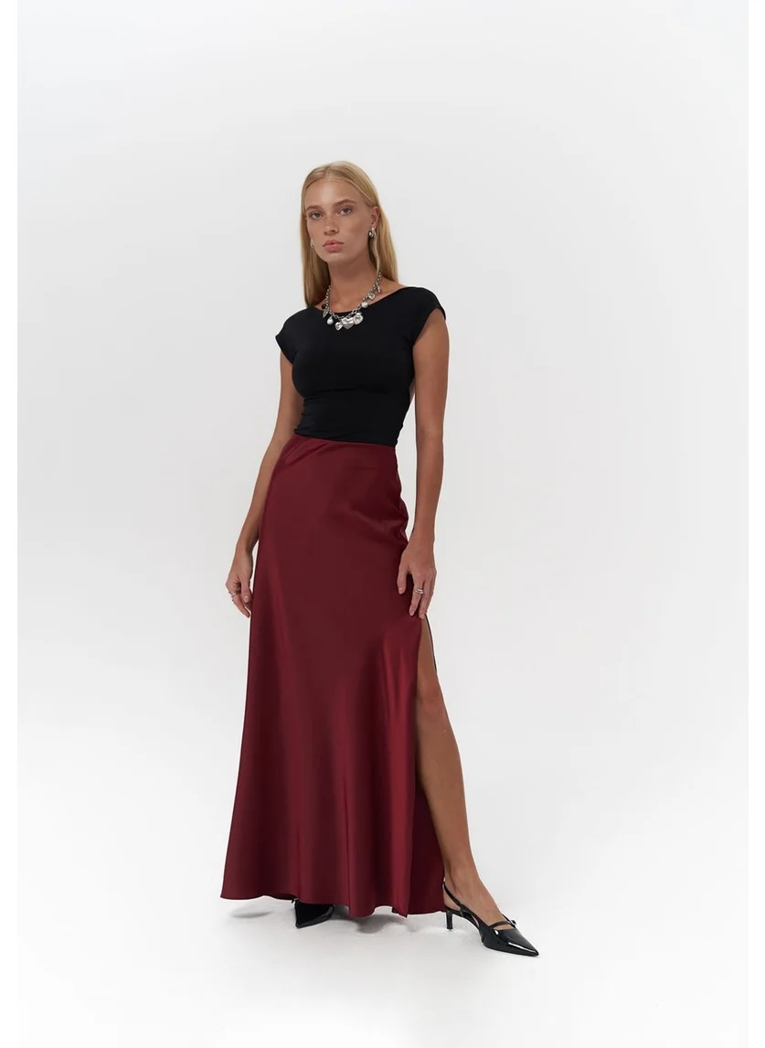 Mai Collection Cecil Slit Detail Burgundy Satin Skirt