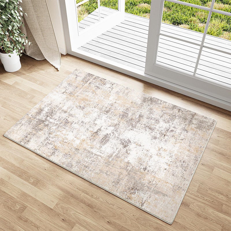 WondRg 2x3 Washable Area Rug Beige Grey Abstract Non Slip Soft Low Pile Small Rug for Entryway Kitchen Bathroom Neutral Modern Throw Carpet for Living Room Bedroom Home Decor - Image 2