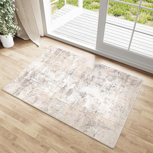 WondRg 2x3 Washable Area Rug Beige Grey Abstract Non Slip Soft Low Pile Small Rug for Entryway Kitchen Bathroom Neutral Modern Throw Carpet for Living Room Bedroom Home Decor - Image 1