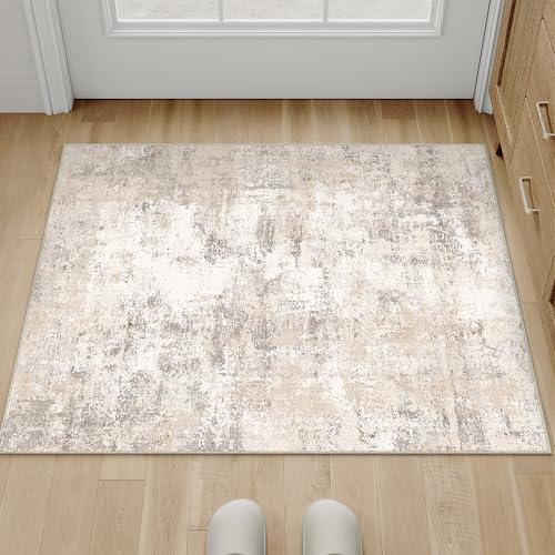 WondRg 2x3 Washable Area Rug Beige Grey Abstract Non Slip Soft Low Pile Small Rug for Entryway Kitchen Bathroom Neutral Modern Throw Carpet for Living Room Bedroom Home Decor - Image 3