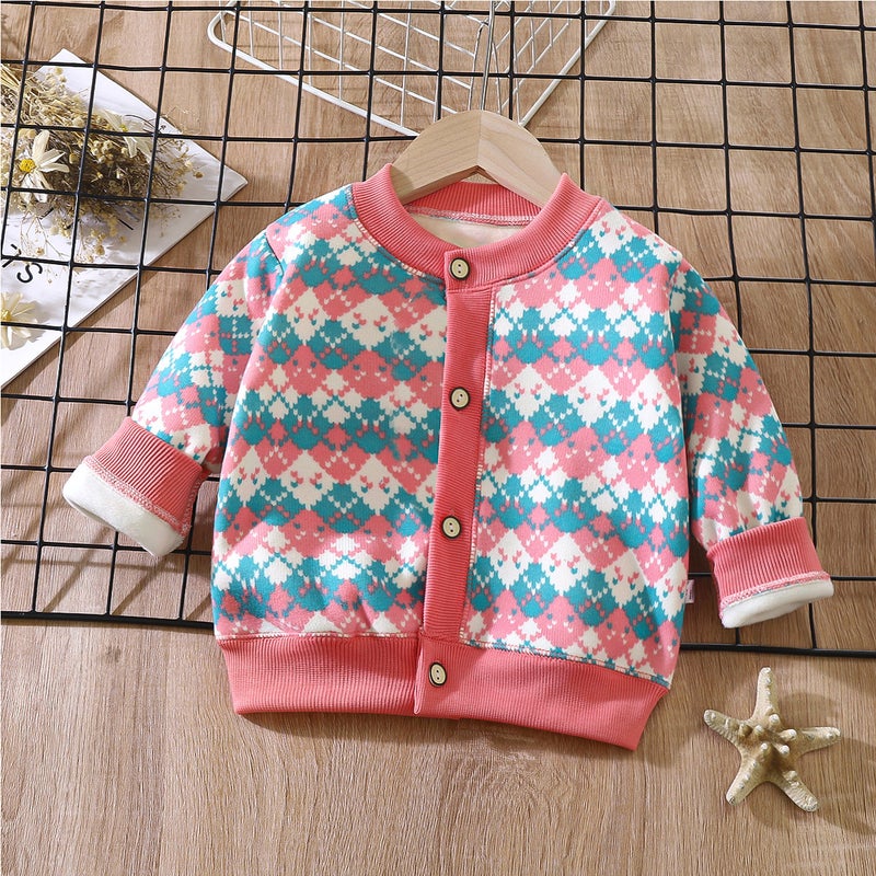 2024 Autumn and Winter New Childrens All-match Knitted Coat Boys Girls Baby Warm Cardigan Thickened Outer Wear Sweater Wt01-pink blue grid 