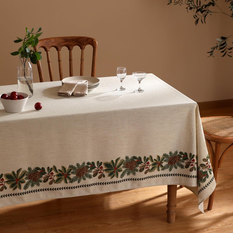 ISAENNE Designer Christmas Linen Small Rectangular Tablecloth,Light Beige Western Elegant Table Cloth,Wrinkle Resistant Decor Tablecloths for Dining Thanksgiving Kitchen Christmas,55"*71"-Carol G - Image 3