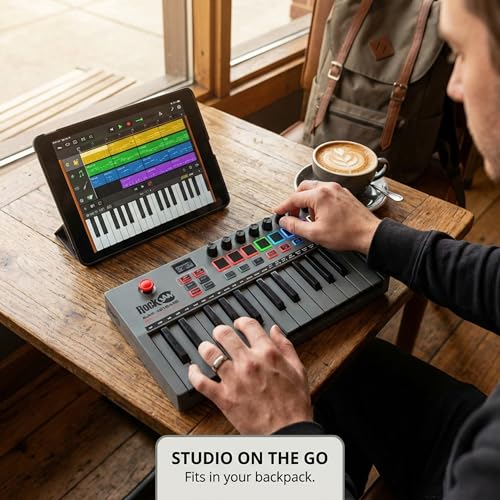 RockJam 25-Key Rechargeable USB MIDI Keyboard Controller – Mini Piano Keyboard with Velocity-Sensitive Pads, Synth Controller, Bluetooth/Wired MIDI, Arpeggiator, DAW Compatible - Image 5