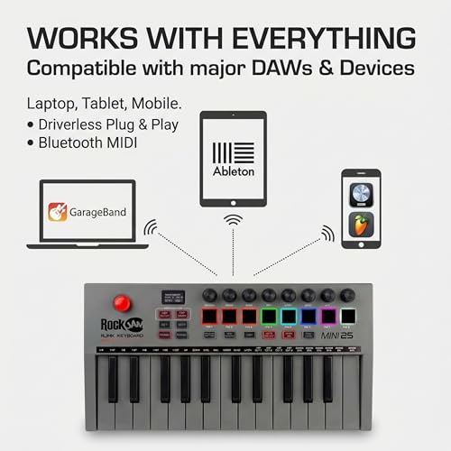 RockJam 25-Key Rechargeable USB MIDI Keyboard Controller – Mini Piano Keyboard with Velocity-Sensitive Pads, Synth Controller, Bluetooth/Wired MIDI, Arpeggiator, DAW Compatible - Image 4