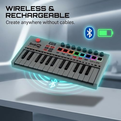 RockJam 25-Key Rechargeable USB MIDI Keyboard Controller – Mini Piano Keyboard with Velocity-Sensitive Pads, Synth Controller, Bluetooth/Wired MIDI, Arpeggiator, DAW Compatible - Image 2