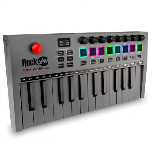 RockJam 25-Key Rechargeable USB MIDI Keyboard Controller – Mini Piano Keyboard with Velocity-Sensitive Pads, Synth Controller, Bluetooth/Wired MIDI, Arpeggiator, DAW Compatible - Image 1