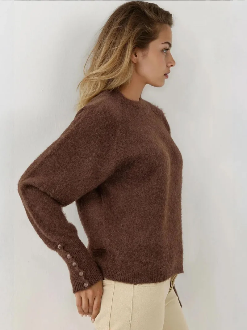 HICCUP Soft Textured Button Detailed Long Sleeve Sweater