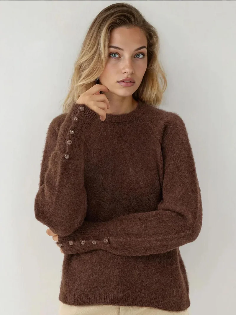 HICCUP Soft Textured Button Detailed Long Sleeve Sweater