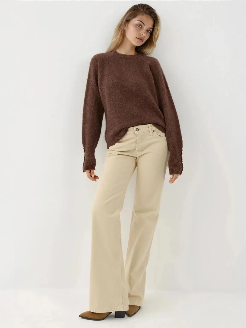 Hiccup Chestnut Brown Soft Textured Button Detailed Long Sleeve Sweater for Women | Best Price UAE