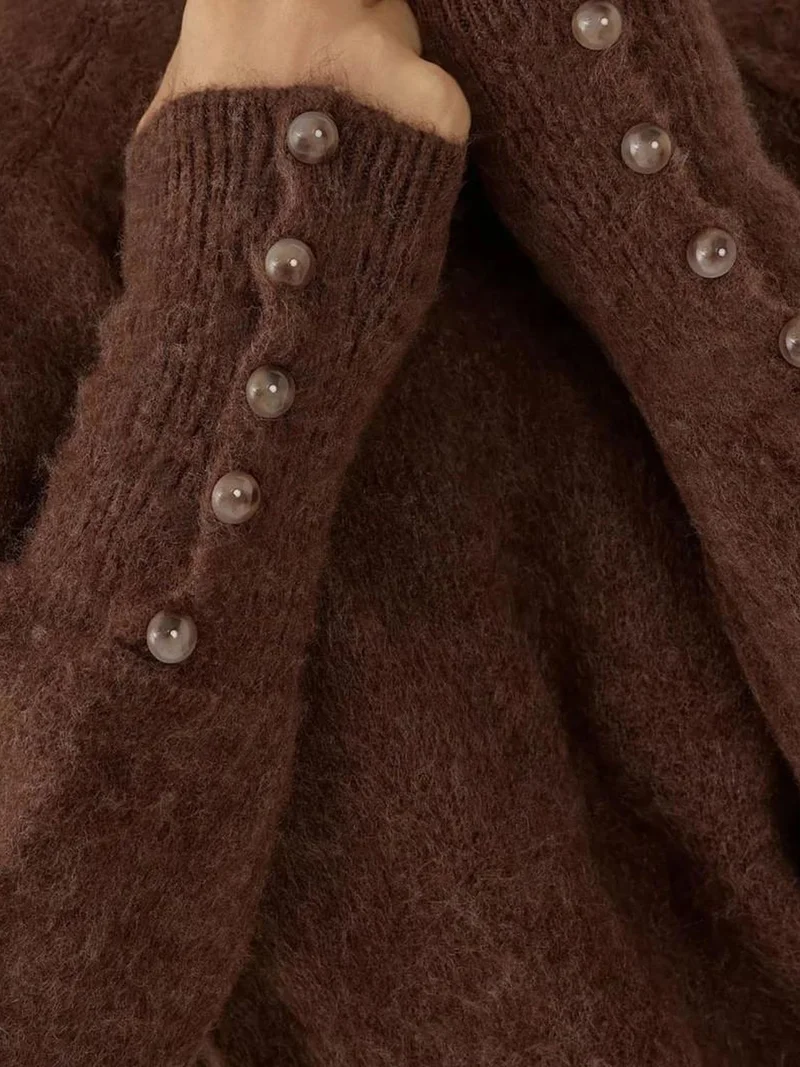 Hiccup Chestnut Brown Soft Textured Button Detailed Long Sleeve Sweater for Women | Best Price UAE