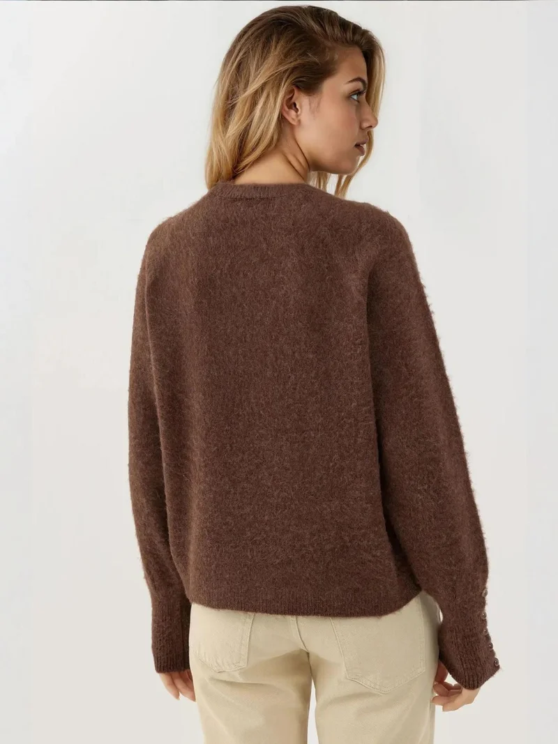 Hiccup Chestnut Brown Soft Textured Button Detailed Long Sleeve Sweater for Women | Best Price UAE