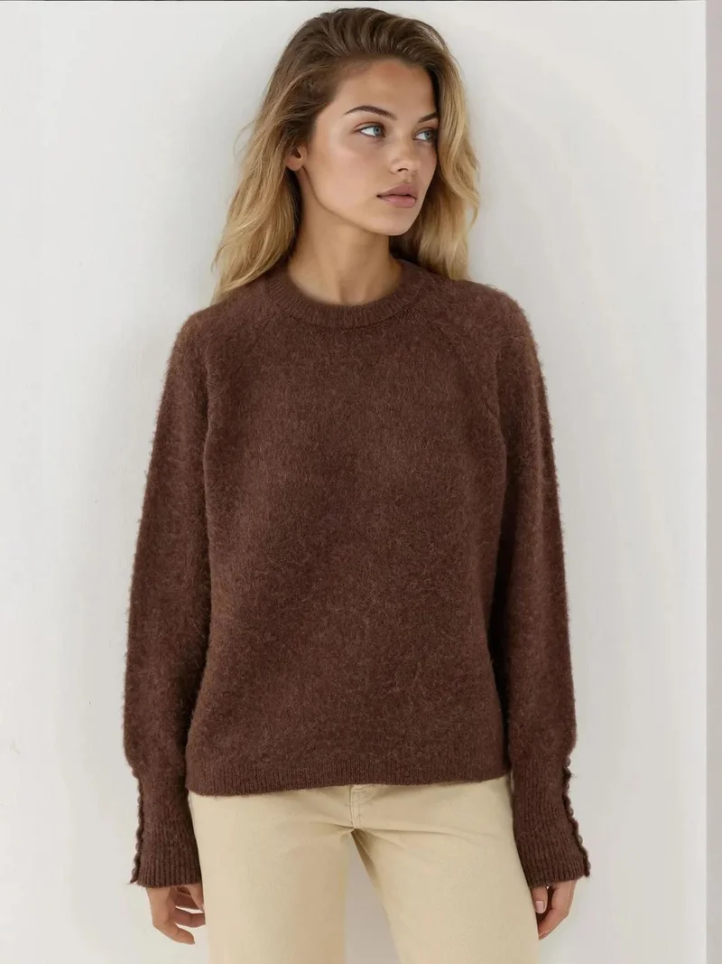 Hiccup Chestnut Brown Soft Textured Button Detailed Long Sleeve Sweater for Women | Best Price UAE