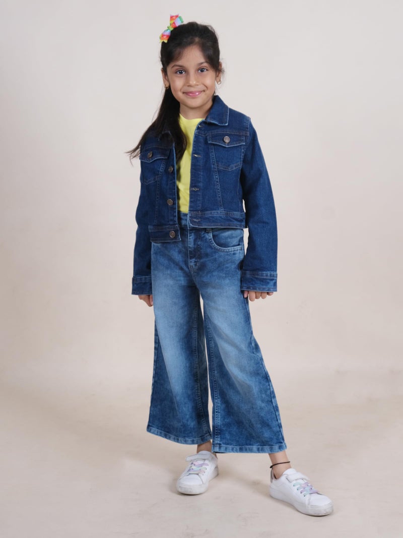 KiddoPanti Girls Full Sleeve Solid Crop Denim Jacket, Dk Rag Wash - 6-8Y - Image 5
