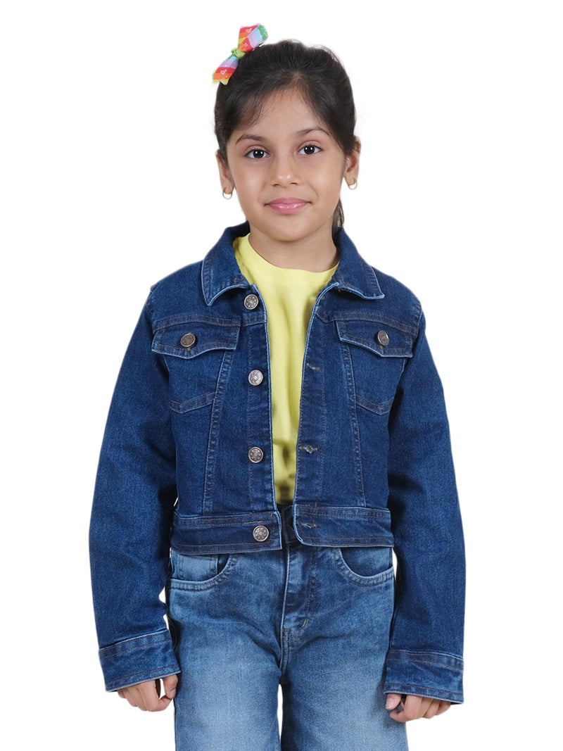 KiddoPanti Girls Full Sleeve Solid Crop Denim Jacket, Dk Rag Wash - 6-8Y - Image 1