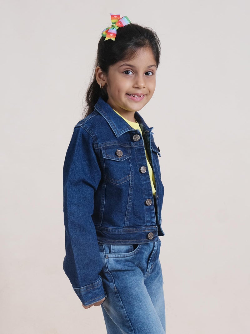 KiddoPanti Girls Full Sleeve Solid Crop Denim Jacket, Dk Rag Wash - 6-8Y - Image 4