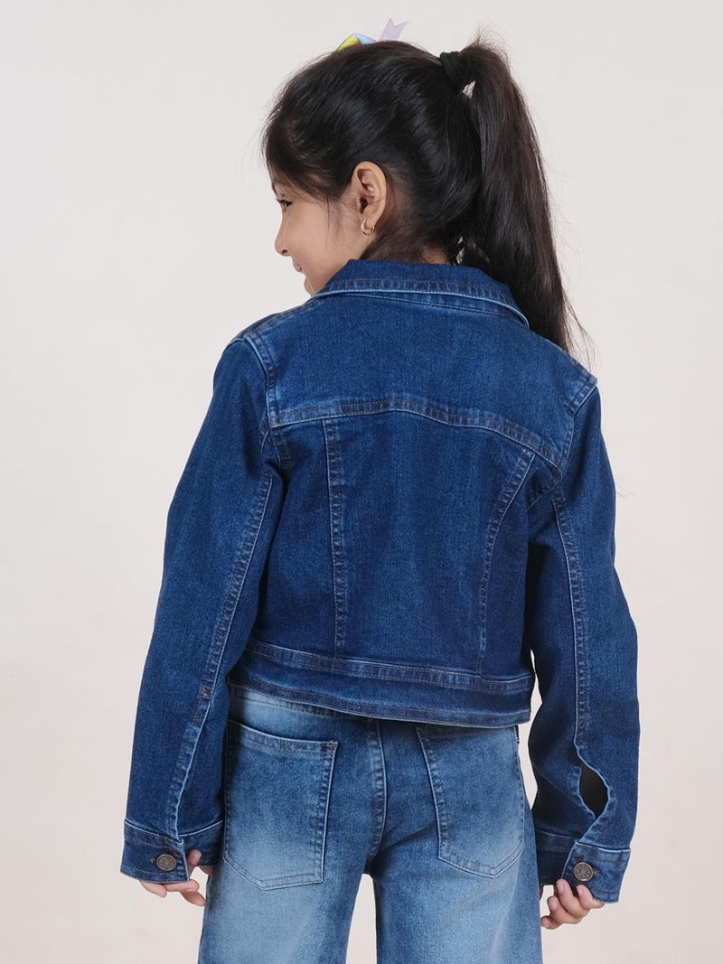 KiddoPanti Girls Full Sleeve Solid Crop Denim Jacket, Dk Rag Wash - 6-8Y - Image 3