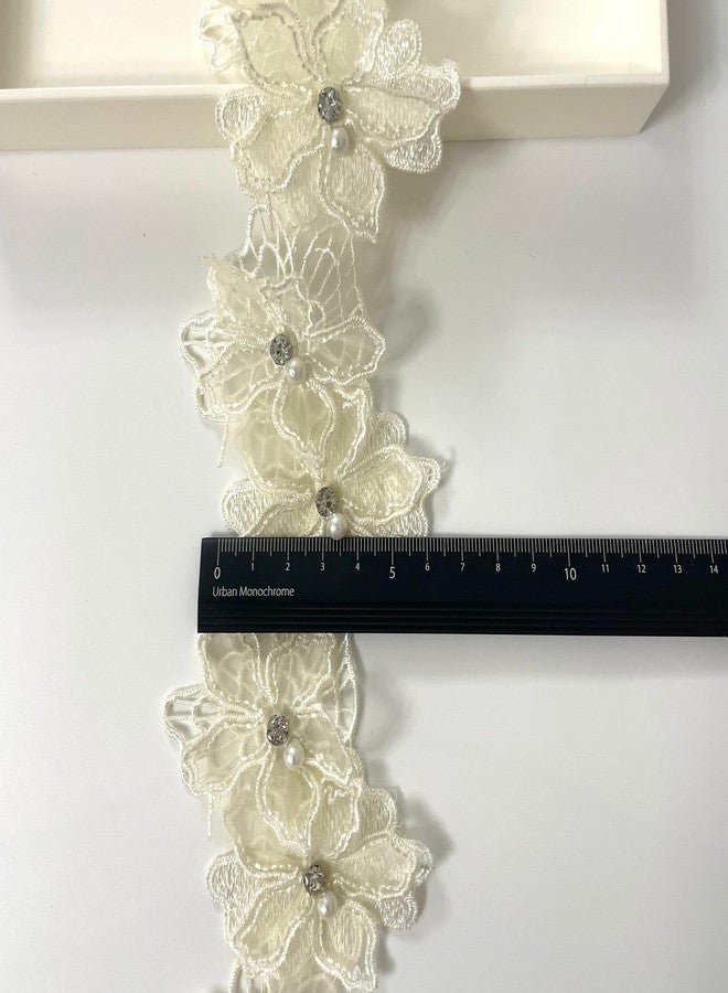 BUYSK 2 Yards 3D Pearl Beads Flower Lace Trim Ribbon Floral Applique Embroidered Lace Fabric for Sewing DIY Crafts (Yellow) - Image 4