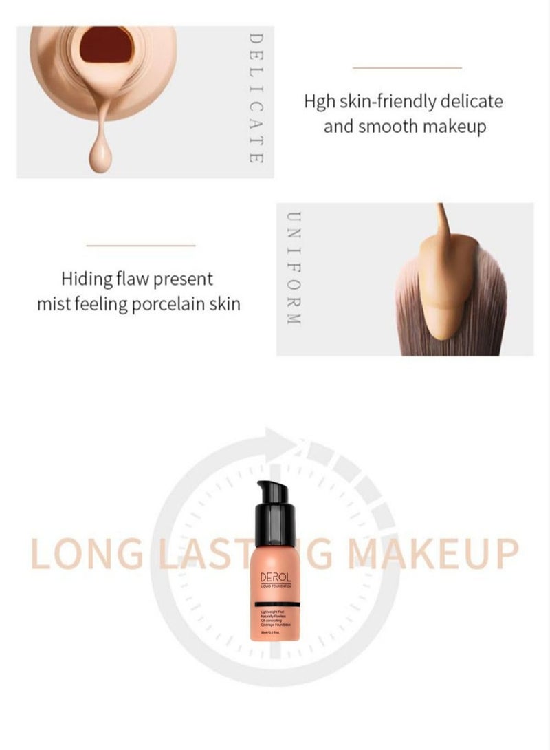 DEROL Liquid Foundation-Full Coverage Makeup Matte Waterproof Dewy Lightweight Feel Flawless Oil-Controlling Coverage Smooth Face Foundations 24 Hours Soft Nature Base Skin Tint - Image 5