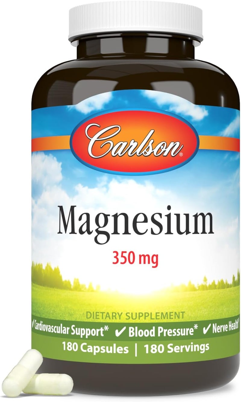Carlson  Magnesium 350 mg Cardiovascular Support Muscle Function  Nerve Health 180 capsules - Image 1