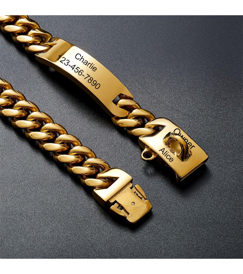 15MM Heavy Duty Stainless Steel Dog Collar Cuban Chain Leash With Custom Engraving Name And Phone Number Adjustable Collar For Small Medium Large Dogs Pitbull And German Shepherd Suitable For All Seasons Golden 4XL - Image 4
