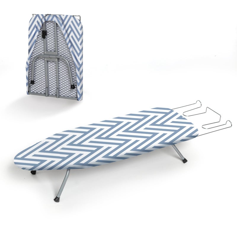 RAINHOL Small Tabletop Ironing Board Foldable, RAINHOL Steel Mesh Portable Iron Board for Dorm and Apartment, with Iron Rest and Heat-Resistant Cotton Cover, 31" x 12", Blue and White Stripes - Image 1