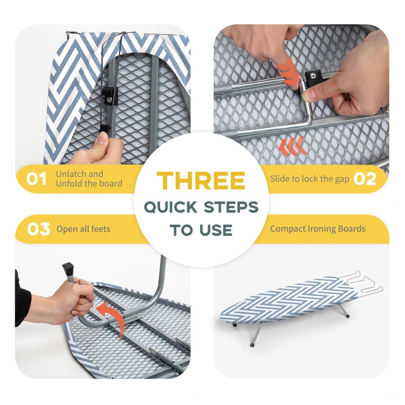 RAINHOL Small Tabletop Ironing Board Foldable, RAINHOL Steel Mesh Portable Iron Board for Dorm and Apartment, with Iron Rest and Heat-Resistant Cotton Cover, 31" x 12", Blue and White Stripes - Image 5