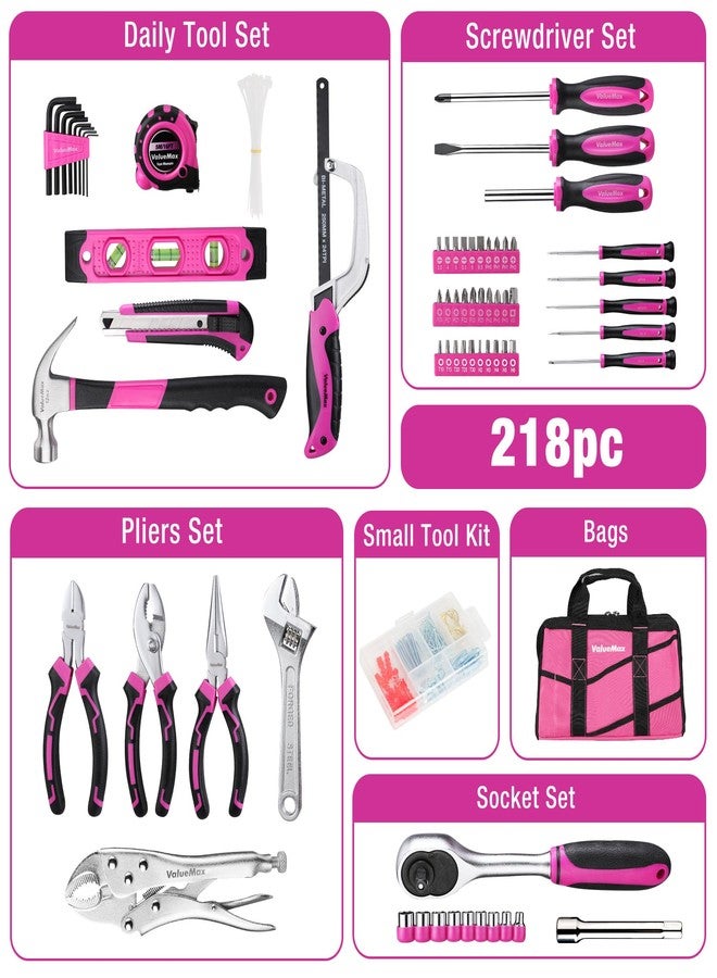 ValueMax Pink Tool Kit, 218-Pieces Home Repairing Tool Set, Household Tool Kit with Wide Mouth Open Storage Bag, Household Hand Tool Set for DIY, Gifts and Basic Home Maintenance - Image 2