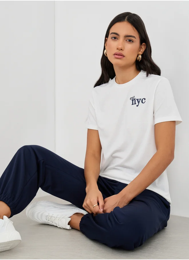 ستايلي Styli Slogan Print Round Neck Short Sleeve T-Shirt