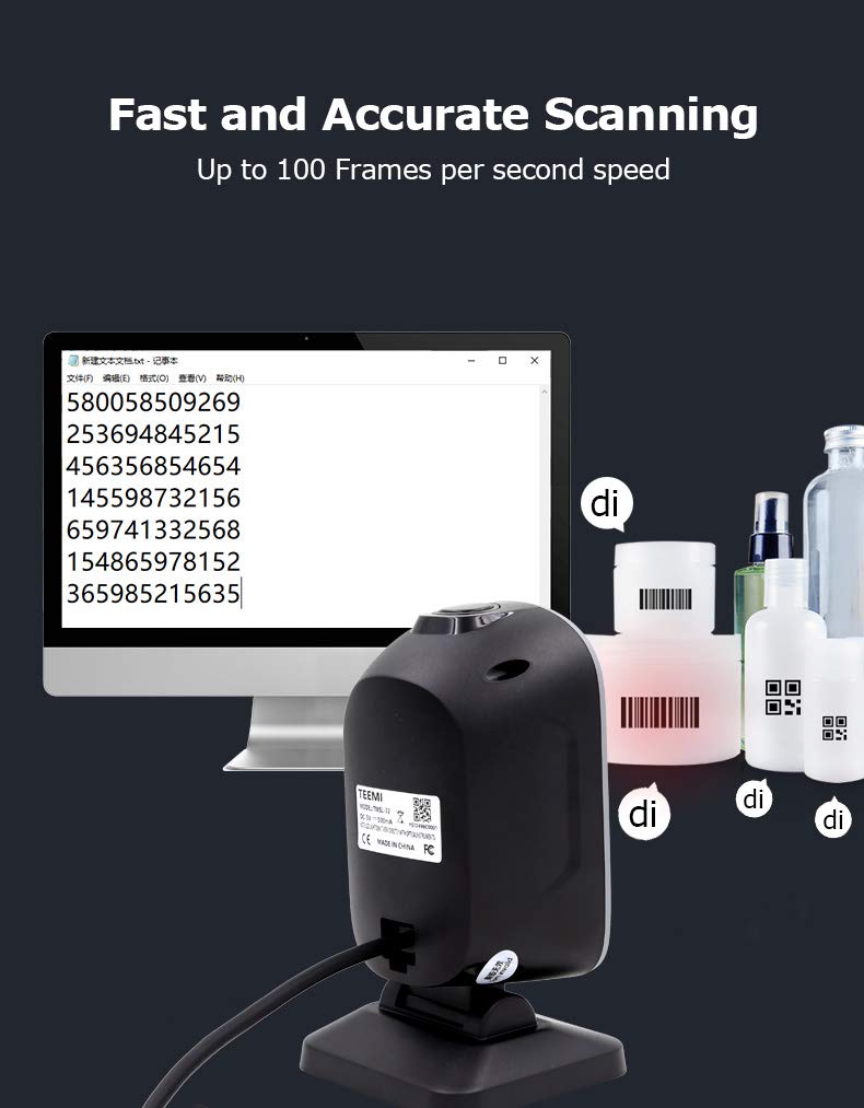 TEEMI Handsfree 2D QR Desktop Barcode Scanner, 1D Handheld Automatic Omnidirectional USB Reader CMOS Image Sensor, Wall Mountable Large Scanning Window Capture Screen Codes, TMSL-72 - Image 4
