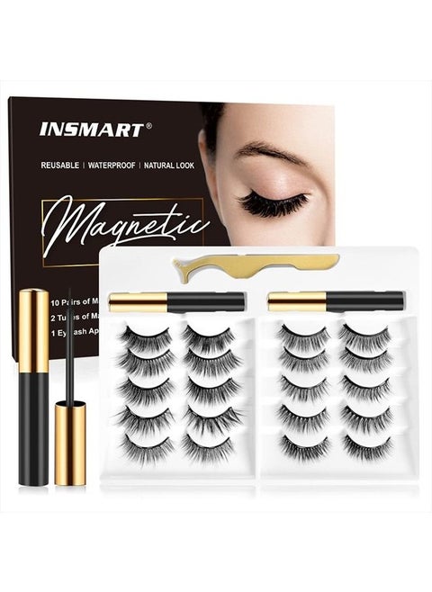 Magnetic Eyelashes with Magnetic Eyeliner Kit -10 Pairs Upgraded 3D 5D Magnetic Eyelashes Kit with Tweezers & 2 Tubes of Magnetic Eyeliner, Reusable, No Glue (10 Pairs)