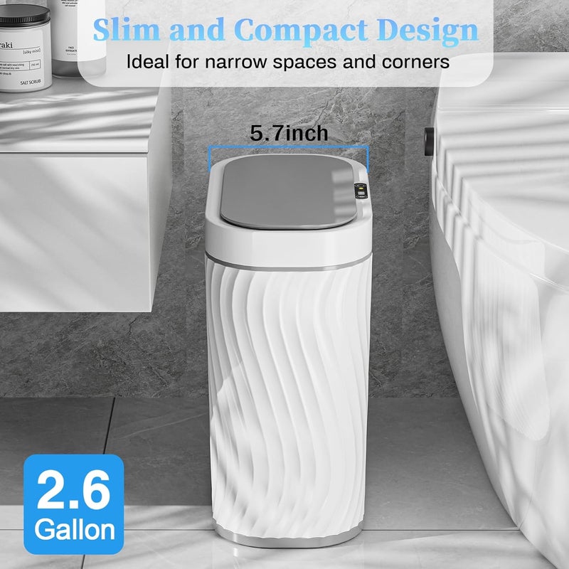 steo spce Bathroom Small Trash Can with Automatic Touchless Lid, 2.6 Gallon Smart Garbage Can Narrow Waterproof Trash Bin for Bedroom, Office, Living Room-White Grey - Image 3