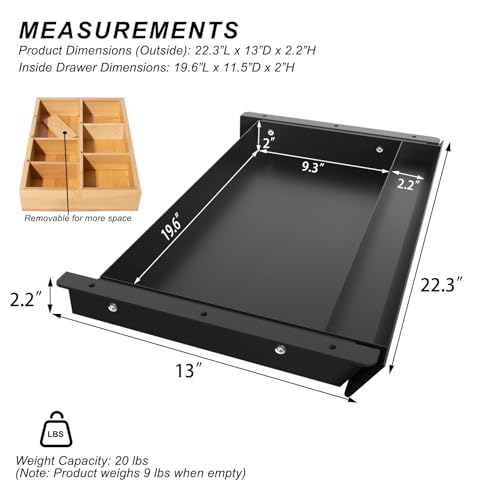Gaxomo Large Under Desk Mounted Sliding Drawer with Bamboo Tray and 60 Degree Tilt Panel to Pull Out, 22'' Long & 13'' deep Large Storage Organizer for Sit Stand Workstation - Image 2