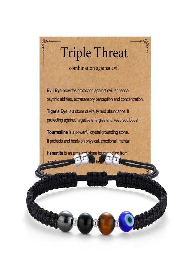 AULSIEY Evil Eye Bracelets for Women, Natural Healing Crystals Black Tourmaline Tigers Eye Bracelet for Women Men, Evil Eye Jewelry Triple Threat Protection Bracelet Hematite Stone Spiritual Jewelry (TT) - Image 1