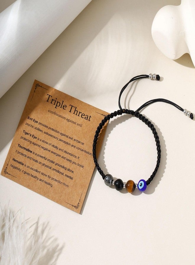 AULSIEY Evil Eye Bracelets for Women, Natural Healing Crystals Black Tourmaline Tigers Eye Bracelet for Women Men, Evil Eye Jewelry Triple Threat Protection Bracelet Hematite Stone Spiritual Jewelry (TT) - Image 4