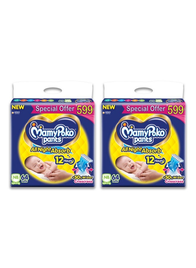 MamyPoko Pants All Night Absorb Baby Diapers, New Born/X-Small (Nb/Xs), 64 Count Per Pack, Upto 5Kg, Pack Of 2 (128 Count)  - Image 1