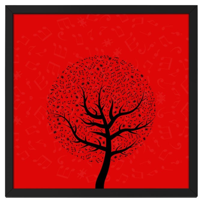 RITWIKAS BLACK TREE OF MUSICAL NOTES IN RED BACKGROUND ABSTRACT WALL ART PAINTING WITH SYNTHETIC BLACK FRAME FOR HOME AND OFFICE DECOR SIZE 135 X 135 IN SET OF 1 BLACK RED