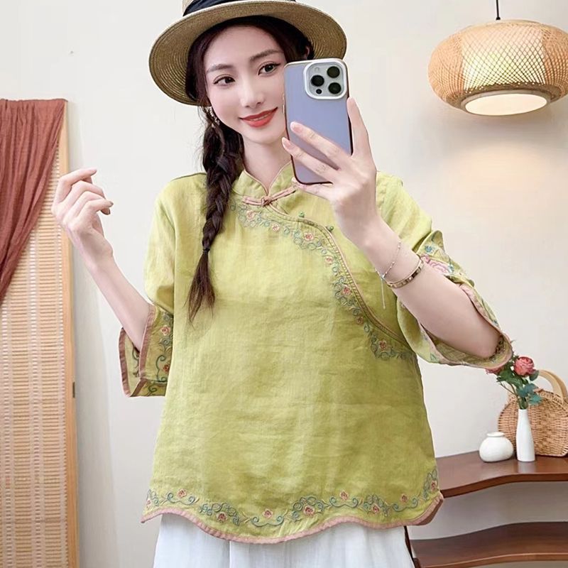 Womens Clothing Chinese Embroidered Cotton and Linen Artistic Retro Style Top with Buckle for Summer and Autumn New Style Oblique Placket Tea Clothes plus size Shirt N#A33 green shirt