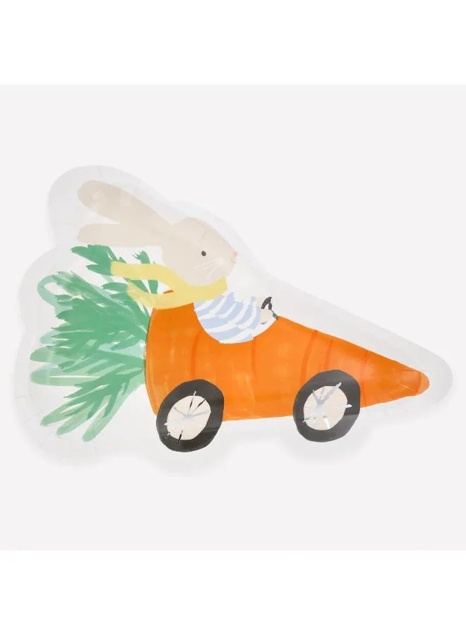 Meri Meri  Racing Car Bunny Plates - Pack of 8 Paper Easter Plates with Bunny in Car Design and Shiny Silver Details, Playful Tableware for Easter Lunch, Spring Parties and Festive Gatherings  | Best Price UAE