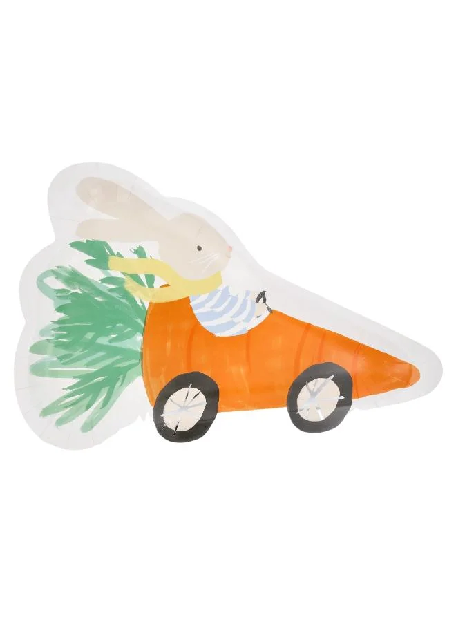 Racing Car Bunny Plates - Pack of 8 Paper Easter Plates with Bunny in Car Design and Shiny Silver Details, Playful Tableware for Easter Lunch, Spring Parties and Festive Gatherings