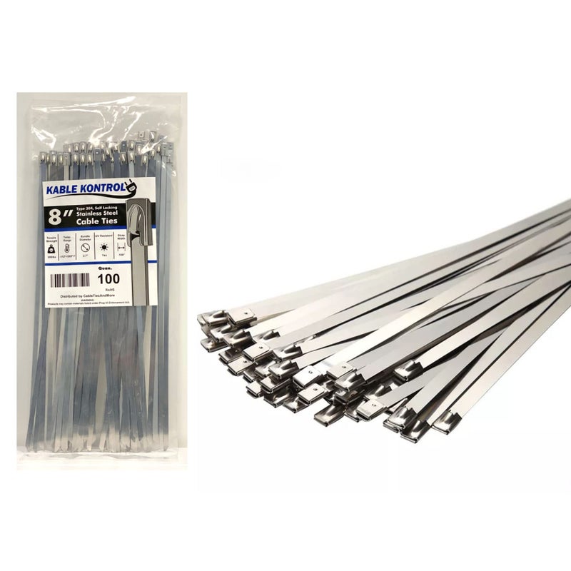 Kable Kontrol Metal Zip Ties 8 Inch 100 Pcs 200 Lbs Tensile Strength Self-Locking Multi-Purpose 304 Stainless Steel Heavy Duty Cable Ties Ideal For Exhaust Wrap Outdoor And Indoor Use - Image 1