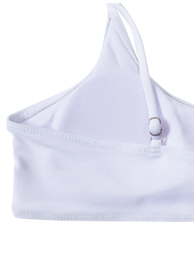 Women's 3-Piece Swimsuit Set, White Basic Bikini with Blue Butterfly Sheer Mesh Cover-Up Pants - Image 3