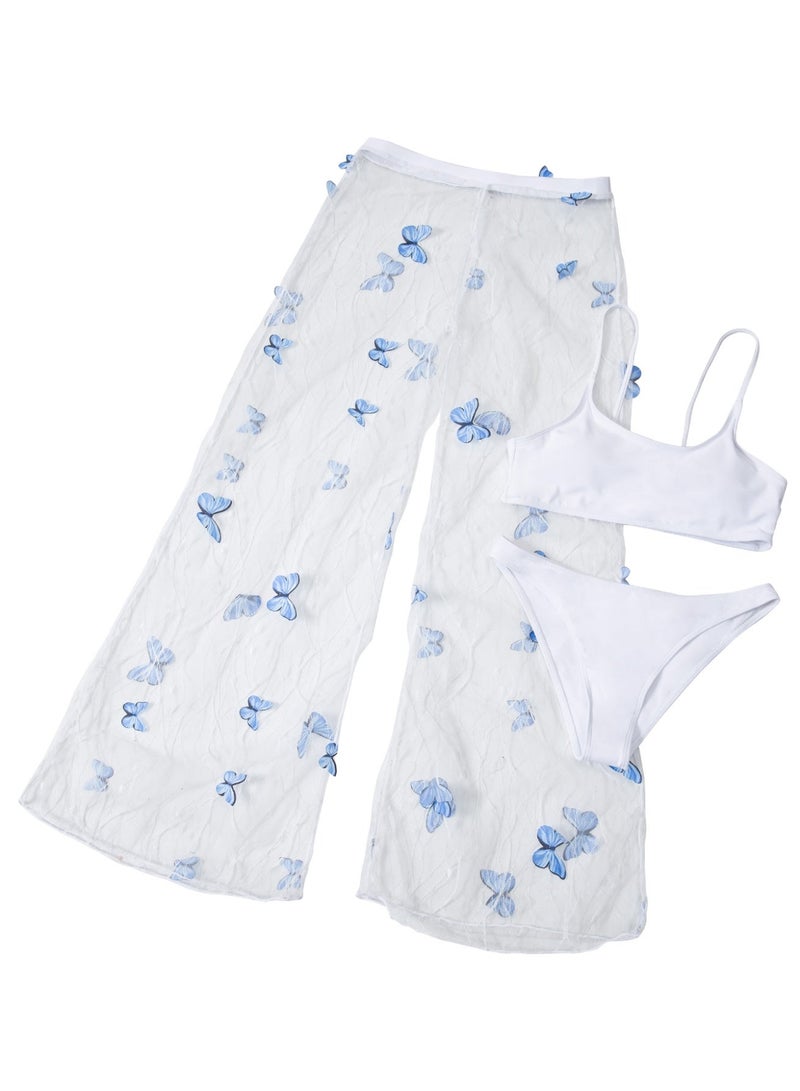 Women's 3-Piece Swimsuit Set, White Basic Bikini with Blue Butterfly Sheer Mesh Cover-Up Pants - Image 2