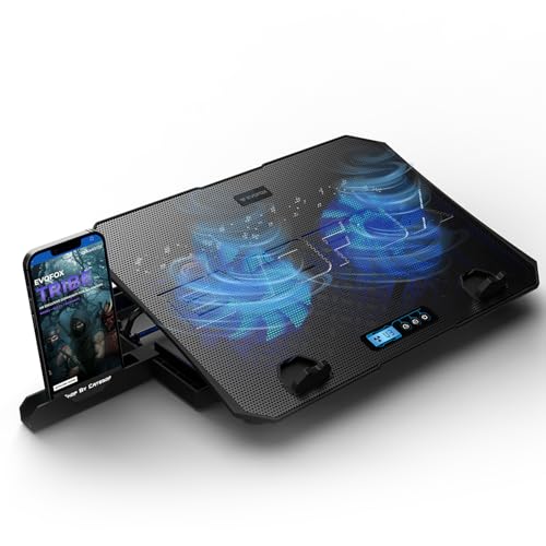 EvoFox Frost Plus Laptop Cooling Pad | Laptop Cooler Pad with Dual Fans, Blue LED Backlight, Iron Mesh Design, LCD Display, Adjustable Stand, Ultra-Quiet Dual USB Cooling Pad (Black) - Image 1