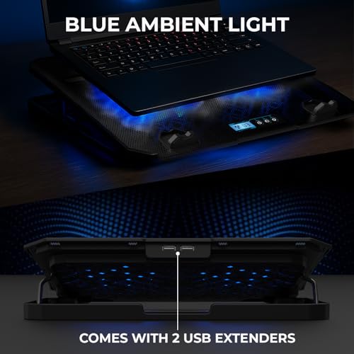 EvoFox Frost Plus Laptop Cooling Pad | Laptop Cooler Pad with Dual Fans, Blue LED Backlight, Iron Mesh Design, LCD Display, Adjustable Stand, Ultra-Quiet Dual USB Cooling Pad (Black) - Image 4