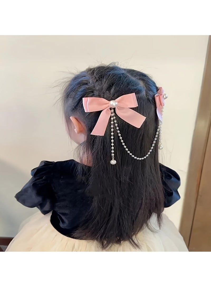 Generic 1 Pair | Chic Vintage Bow Hair Clips - Premium Faux Pearl Tassel Chain - Girls Princess Style Accessories - Durable & Stylish - Perfect Gift for Photos & Everyday Glam - Image 1