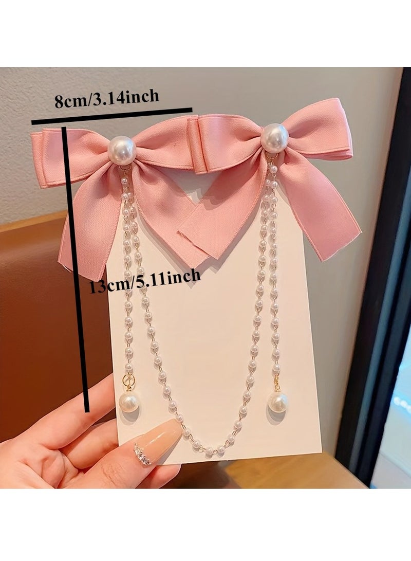 Generic 1 Pair | Chic Vintage Bow Hair Clips - Premium Faux Pearl Tassel Chain - Girls Princess Style Accessories - Durable & Stylish - Perfect Gift for Photos & Everyday Glam - Image 3