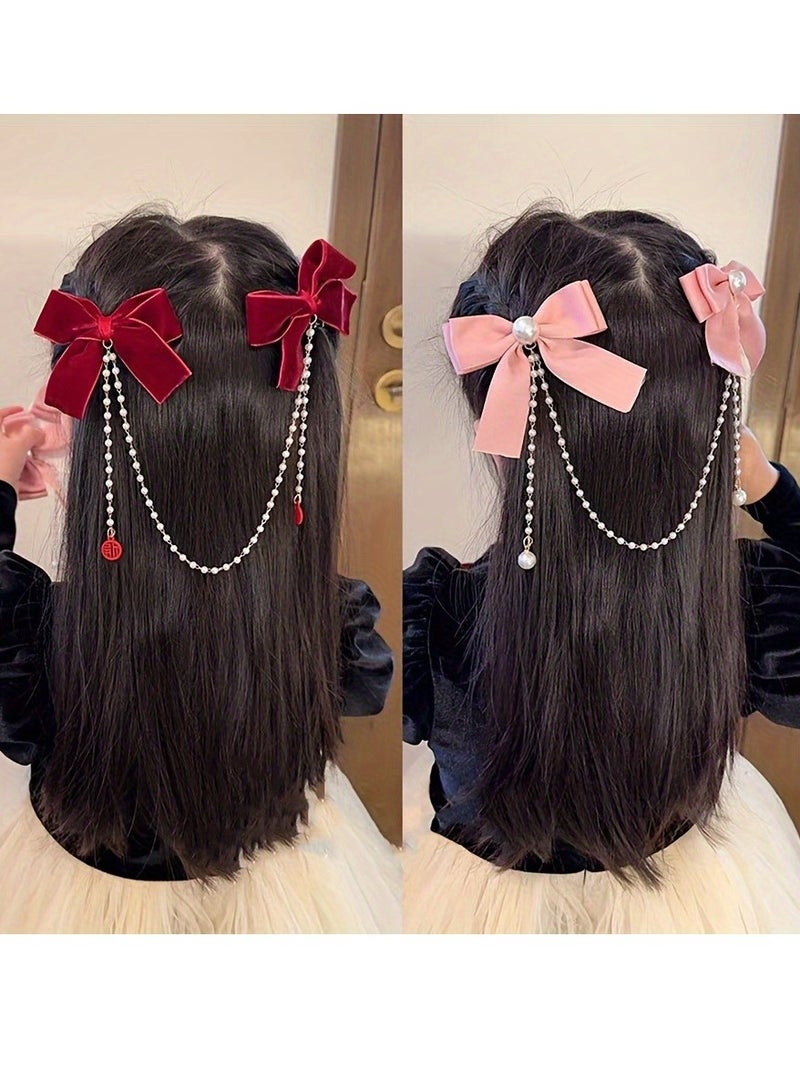 Generic 1 Pair | Chic Vintage Bow Hair Clips - Premium Faux Pearl Tassel Chain - Girls Princess Style Accessories - Durable & Stylish - Perfect Gift for Photos & Everyday Glam - Image 2