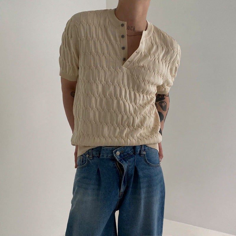 Myq Old Money Style Henry Collar Knitwear T-Shirt Short-Sleeved Summer Twist Design Korean Trendyy Loose Half-Sleeve - Image 3