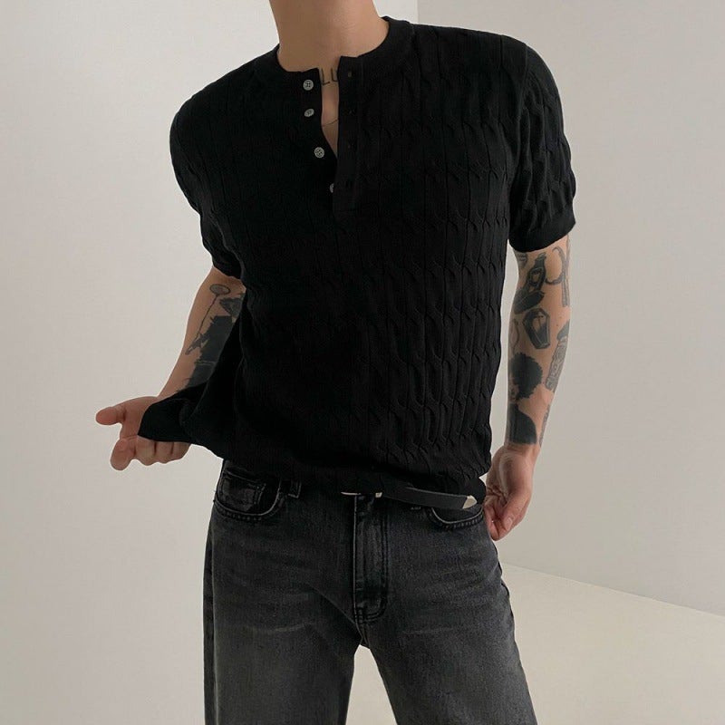 Myq Old Money Style Henry Collar Knitwear T-Shirt Short-Sleeved Summer Twist Design Korean Trendyy Loose Half-Sleeve - Image 1