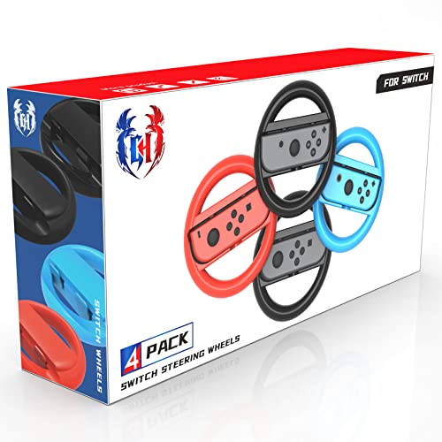 GH 4 Pack Switch Steering Wheel Compatible with Mario Kart 8 Deluxe, Racing Wheel Accessories Compatible with Nintendo Switch/Switch OLED Joy Con Controller (Black x2, Red and Blue) - Image 1
